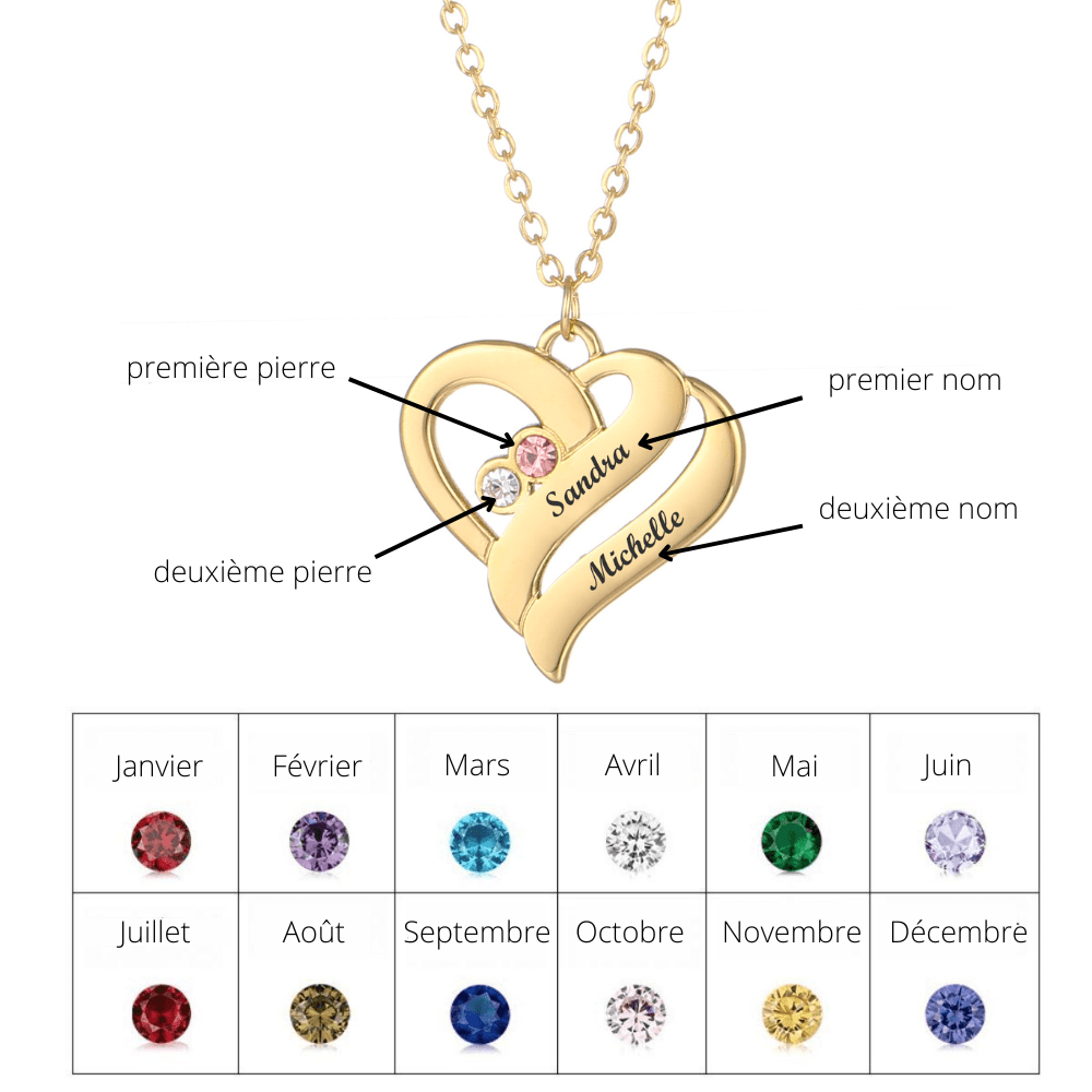 Collier avec cœurs unis et pierres de naissance