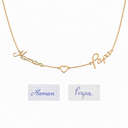 Collier en écriture manuscrite avec 2 prénoms et cœur