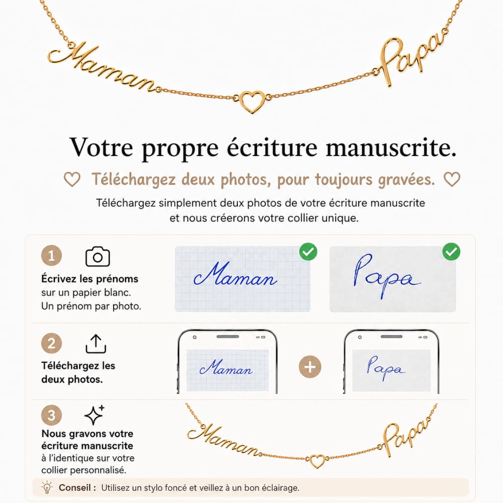 Collier en écriture manuscrite avec 2 prénoms et cœur