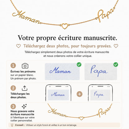 Collier en écriture manuscrite avec 2 prénoms et cœur