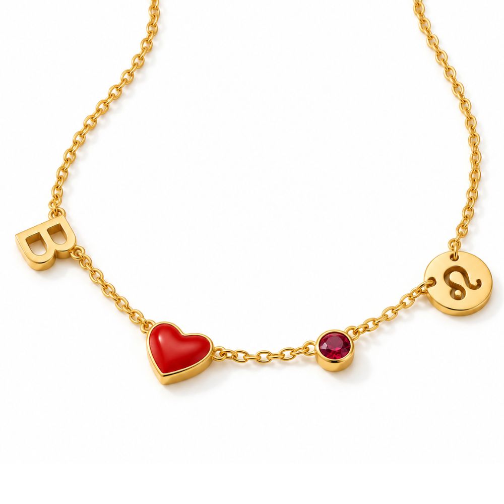 Collier avec initiale, signe astrologique et pierre de naissance