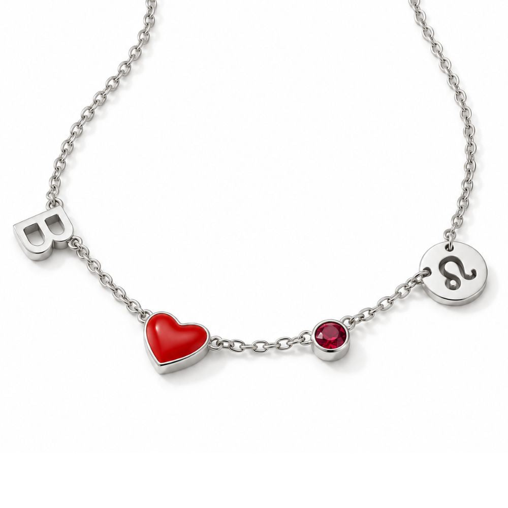 Collier avec initiale, signe astrologique et pierre de naissance